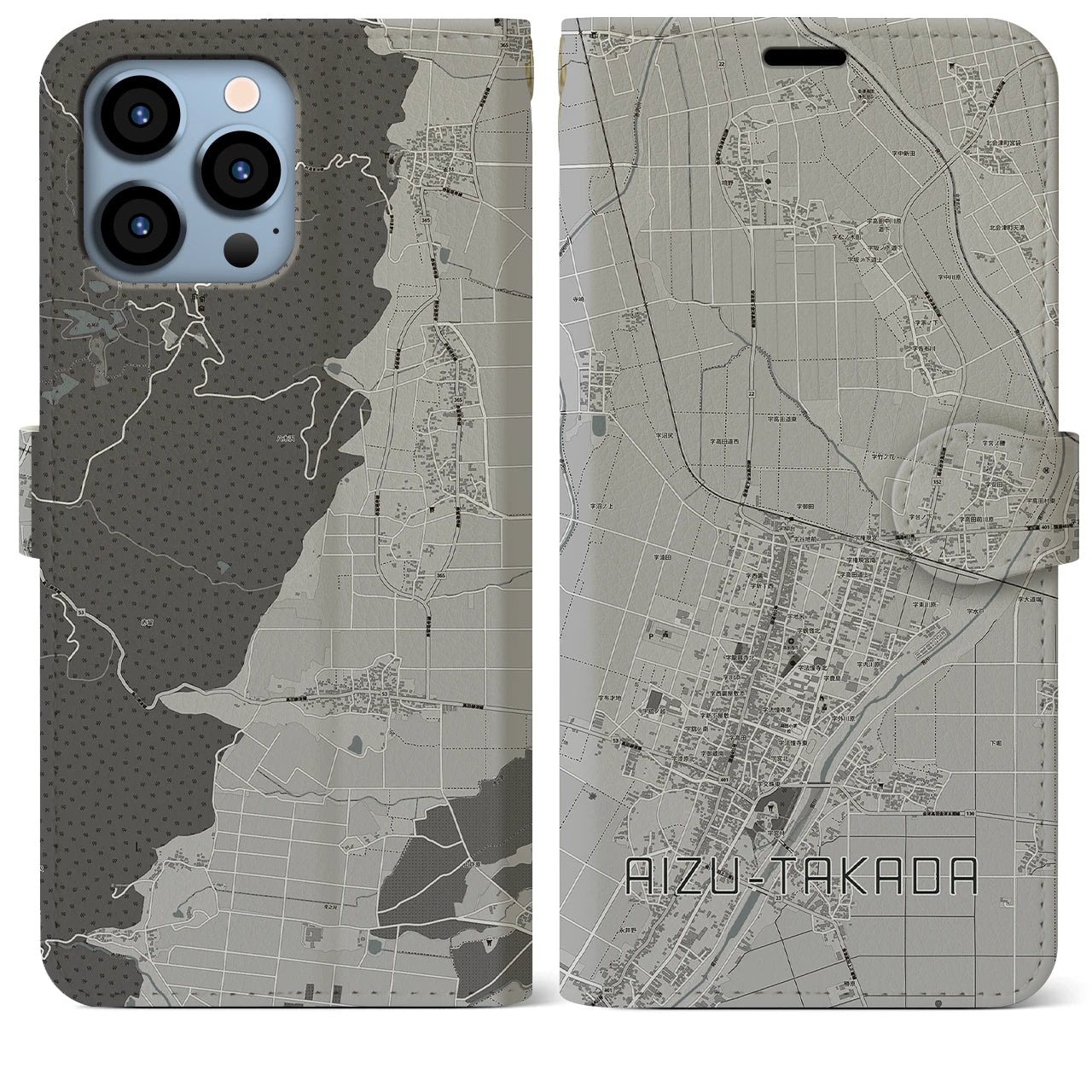 【会津高田(福島県)】地図柄iPhoneケース(手帳タイプ)モノトーン・iPhone 13 Pro Max 用