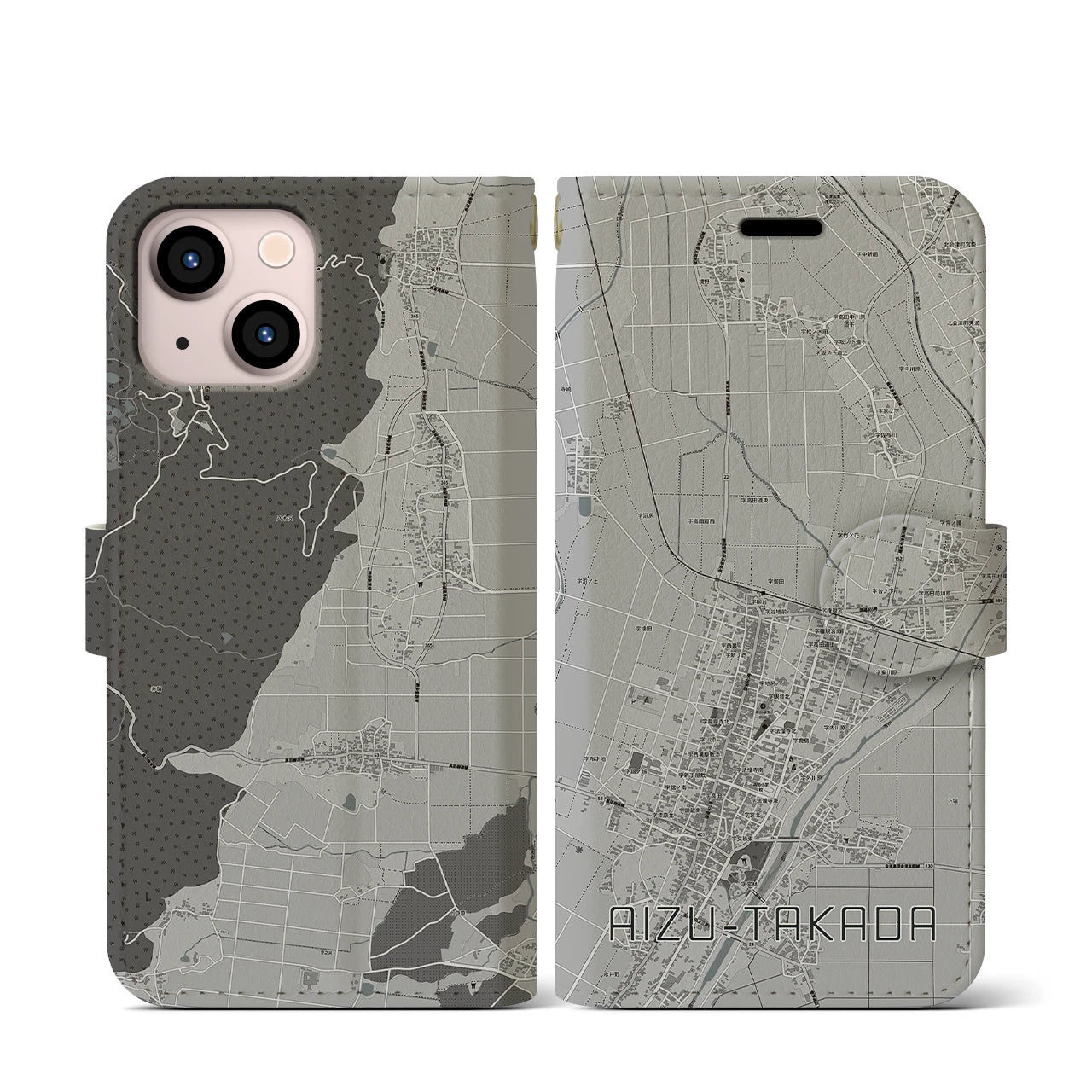 【会津高田(福島県)】地図柄iPhoneケース(手帳タイプ)モノトーン・iPhone 13 mini 用