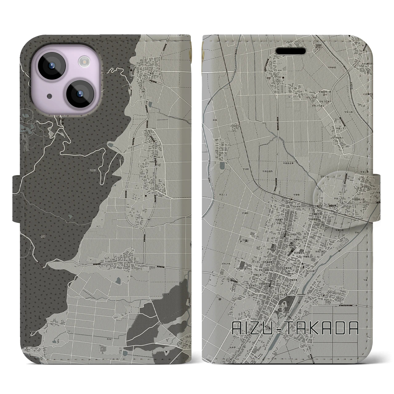 【会津高田(福島県)】地図柄iPhoneケース(手帳タイプ)モノトーン・iPhone 14 用