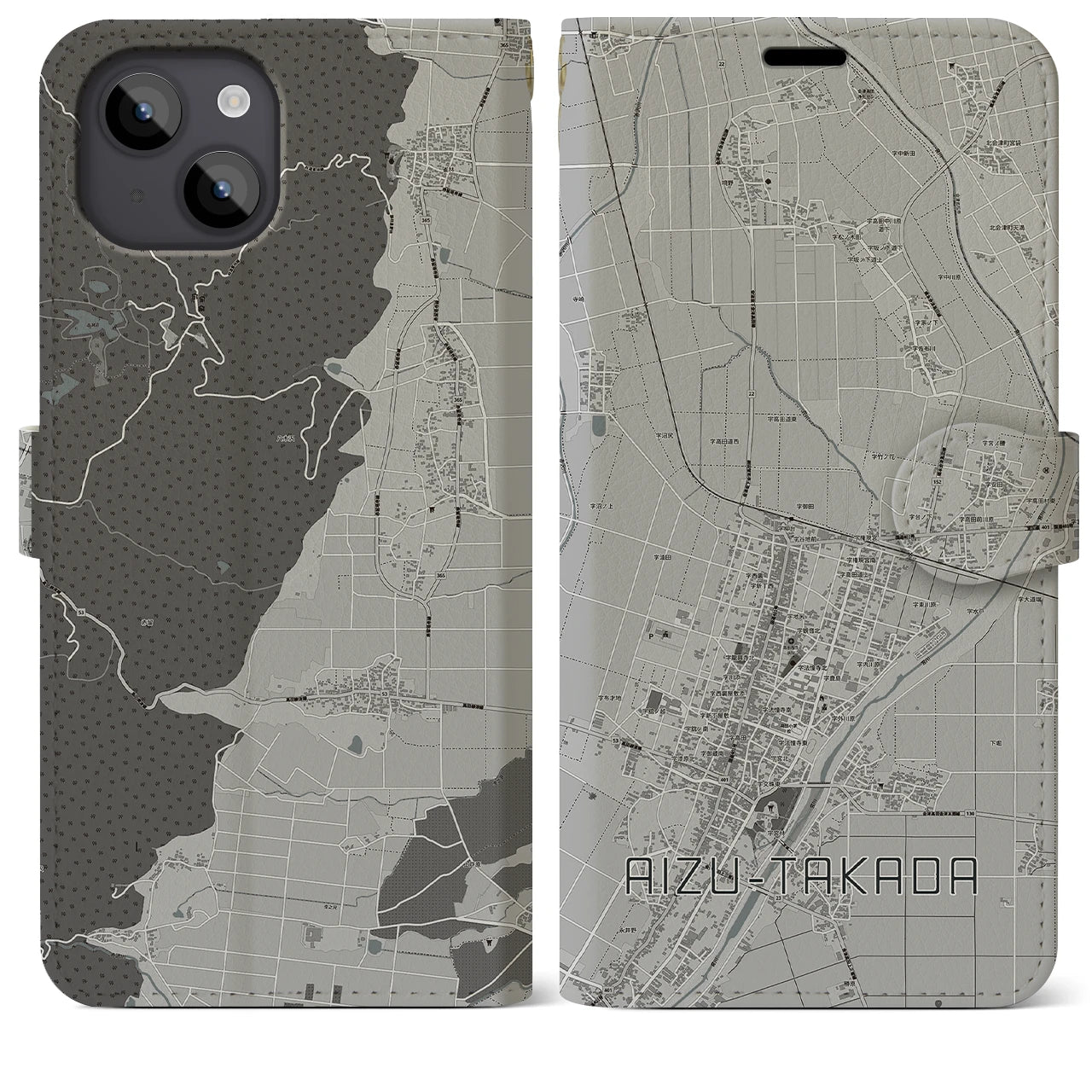 【会津高田(福島県)】地図柄iPhoneケース(手帳タイプ)モノトーン・iPhone 14 Plus 用