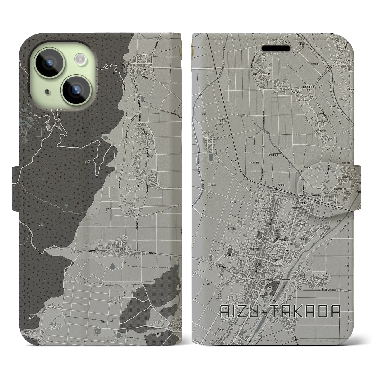【会津高田(福島県)】地図柄iPhoneケース(手帳タイプ)モノトーン・iPhone 15 用