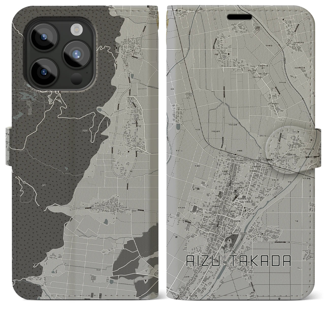 【会津高田(福島県)】地図柄iPhoneケース(手帳タイプ)モノトーン・iPhone 15 Pro Max 用