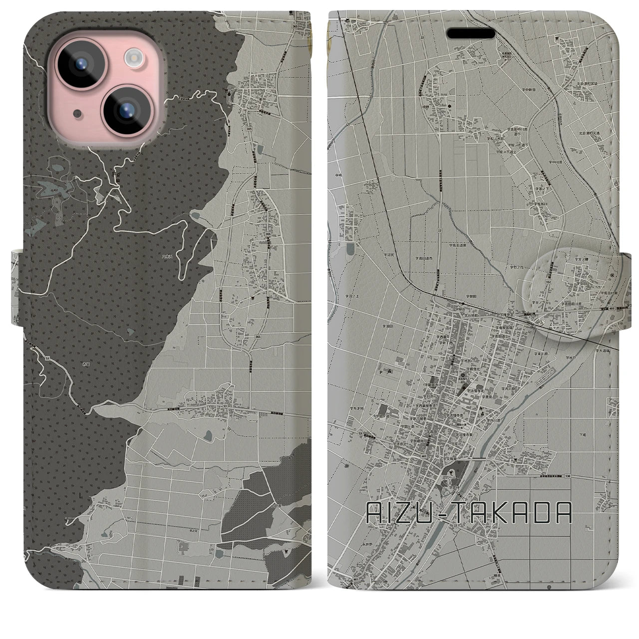【会津高田(福島県)】地図柄iPhoneケース(手帳タイプ)モノトーン・iPhone 15 Plus 用