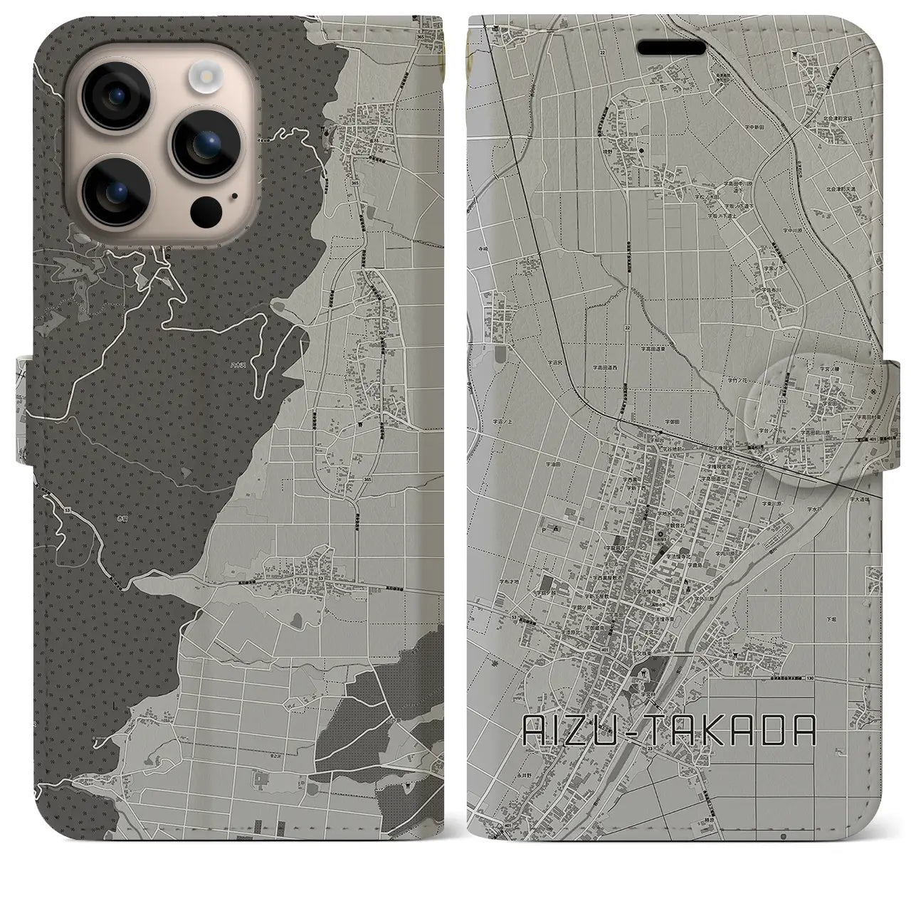 【会津高田(福島県)】地図柄iPhoneケース(手帳タイプ)モノトーン・iPhone 16 Plus 用