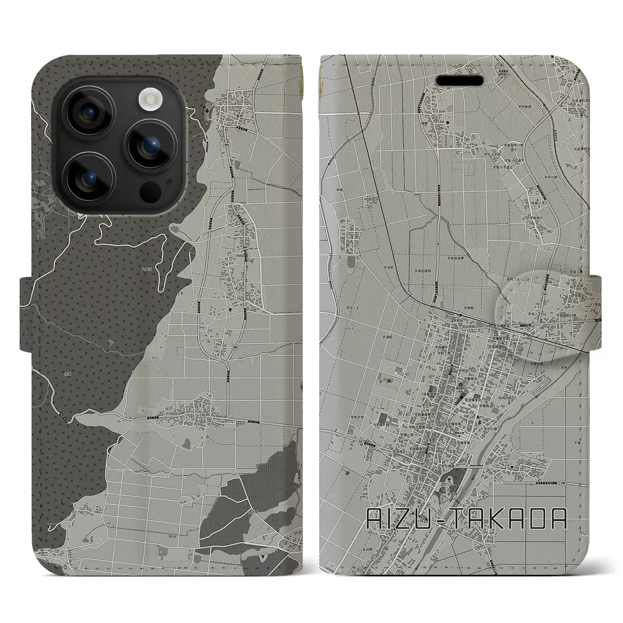 【会津高田(福島県)】地図柄iPhoneケース(手帳タイプ)モノトーン・iPhone 16 用