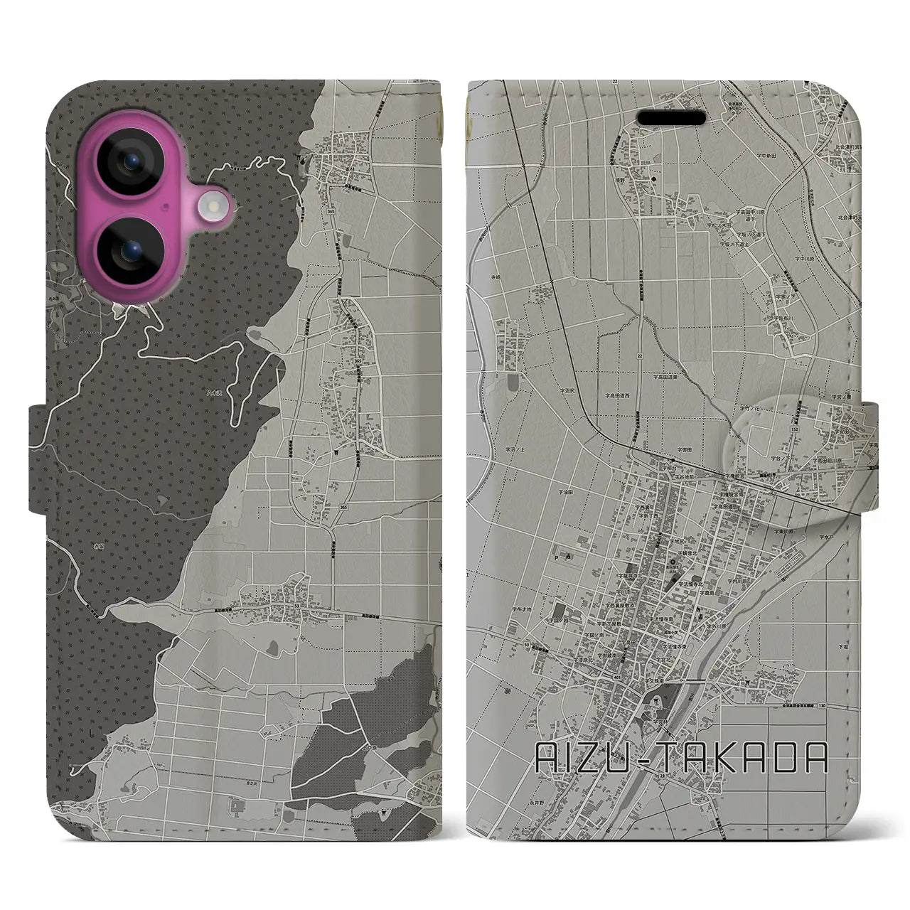 【会津高田(福島県)】地図柄iPhoneケース(手帳タイプ)モノトーン・iPhone 16 Pro 用