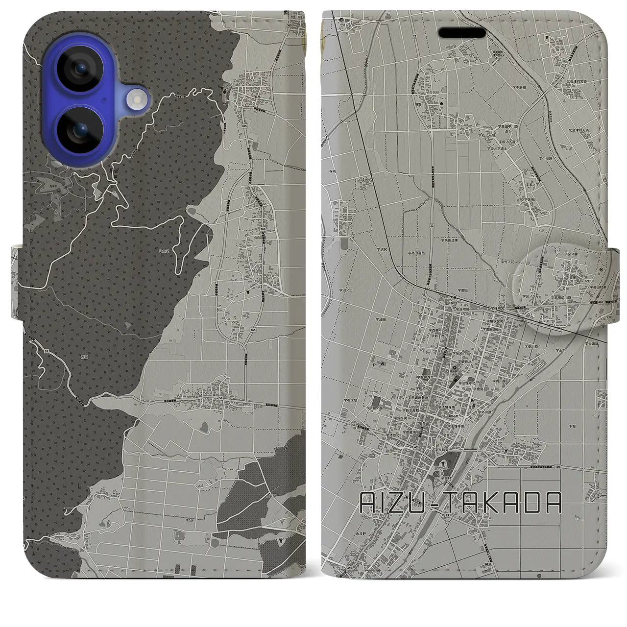 【会津高田(福島県)】地図柄iPhoneケース(手帳タイプ)モノトーン・iPhone 16 Pro Max 用