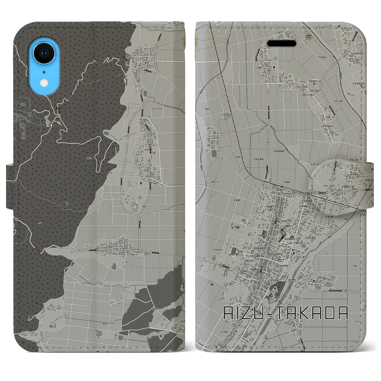 【会津高田(福島県)】地図柄iPhoneケース(手帳タイプ)モノトーン・iPhone XR 用