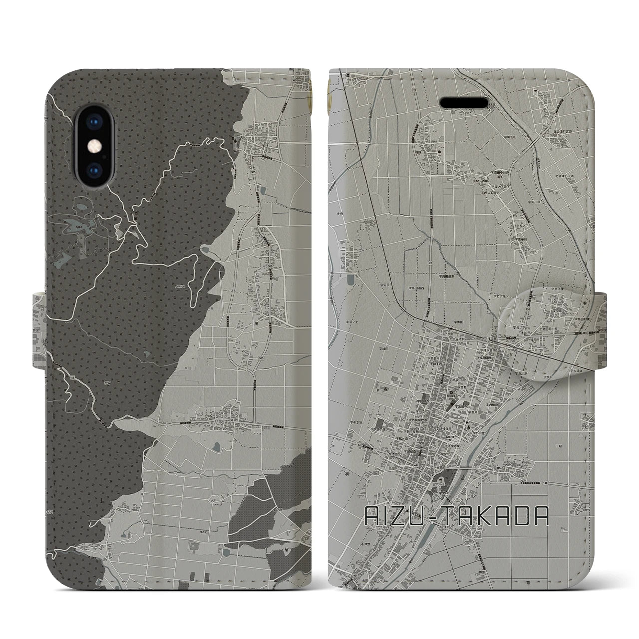 【会津高田(福島県)】地図柄iPhoneケース(手帳タイプ)モノトーン・iPhone XS / X 用