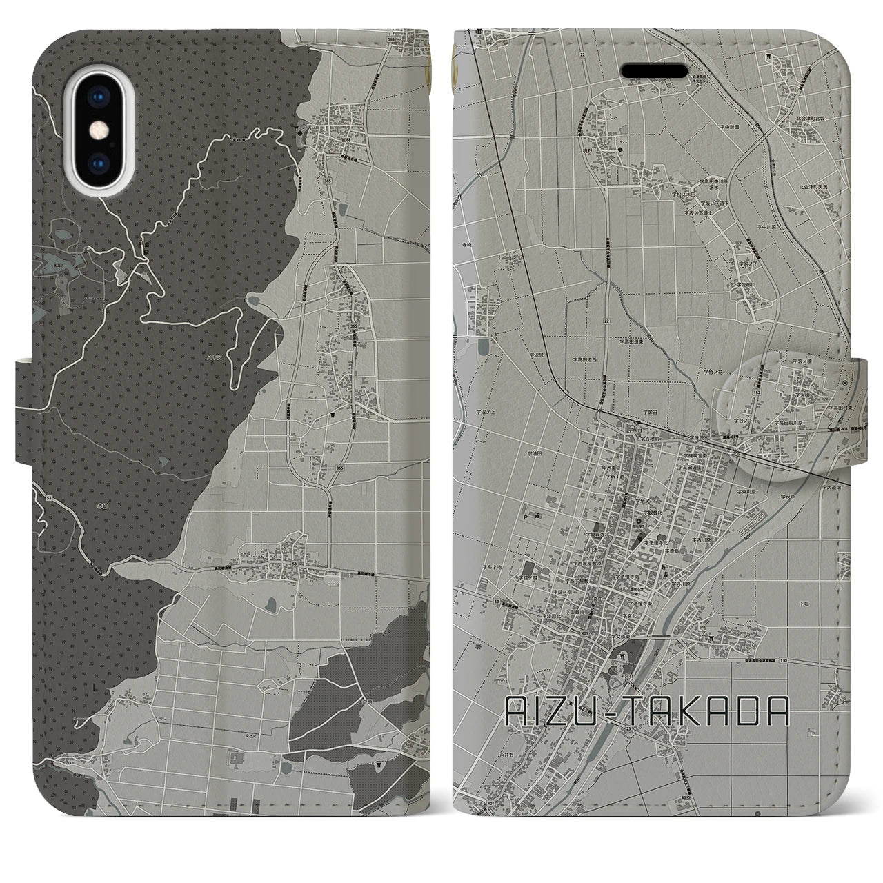 【会津高田(福島県)】地図柄iPhoneケース(手帳タイプ)モノトーン・iPhone XS Max 用