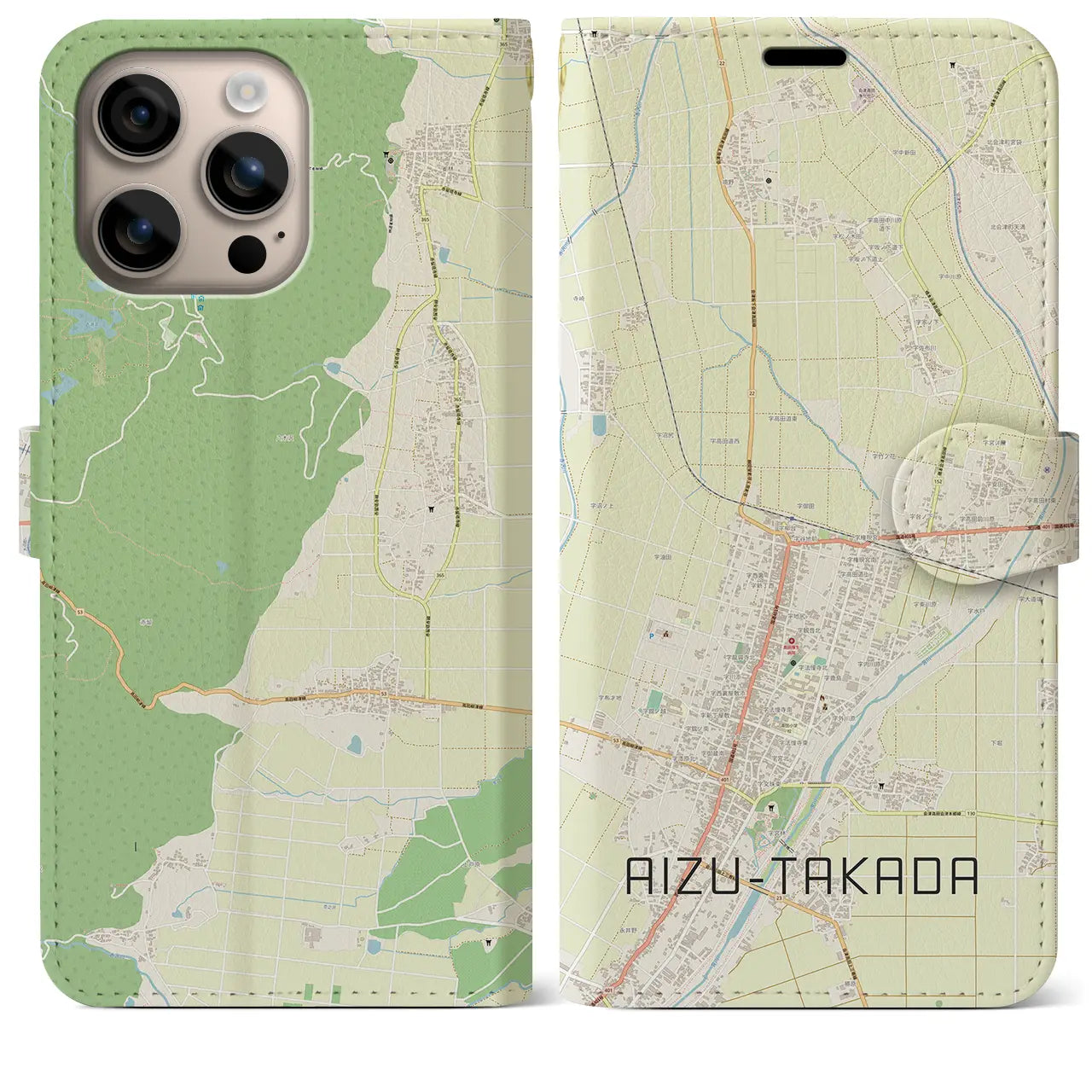 【会津高田(福島県)】地図柄iPhoneケース(手帳タイプ)ナチュラル・iPhone 16 Plus 用