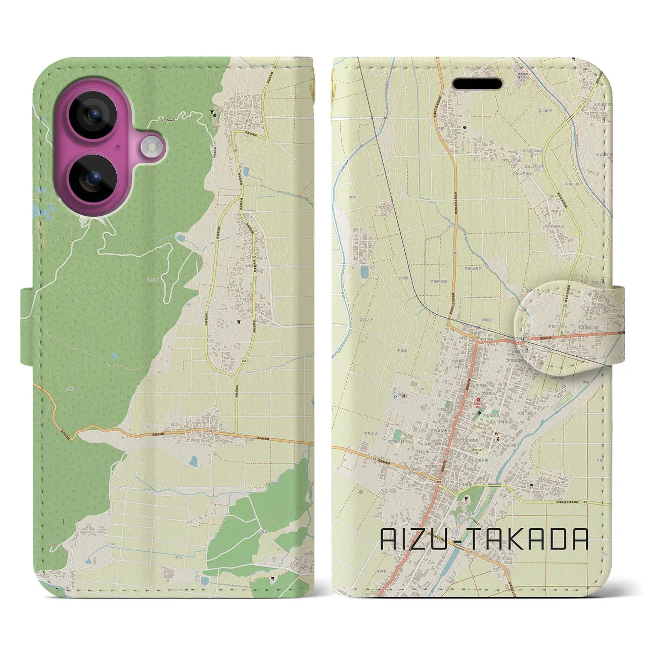 【会津高田(福島県)】地図柄iPhoneケース(手帳タイプ)ナチュラル・iPhone 16 Pro 用