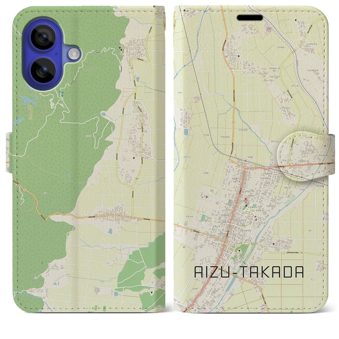 【会津高田(福島県)】地図柄iPhoneケース(手帳タイプ)ナチュラル・iPhone 16 Pro Max 用