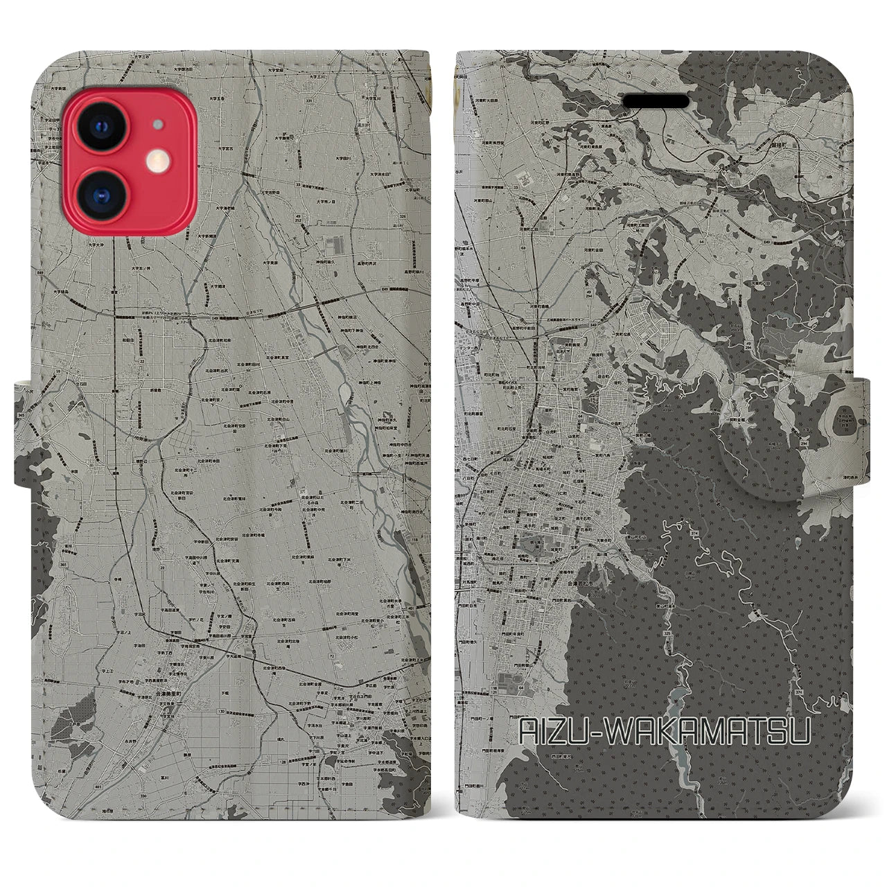 【会津若松(福島県)】地図柄iPhoneケース(手帳タイプ)モノトーン・iPhone 11 用