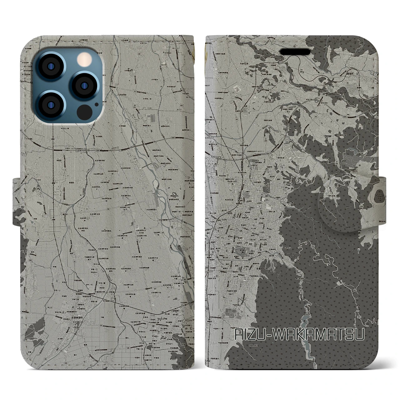 【会津若松(福島県)】地図柄iPhoneケース(手帳タイプ)モノトーン・iPhone 12 / 12 Pro 用