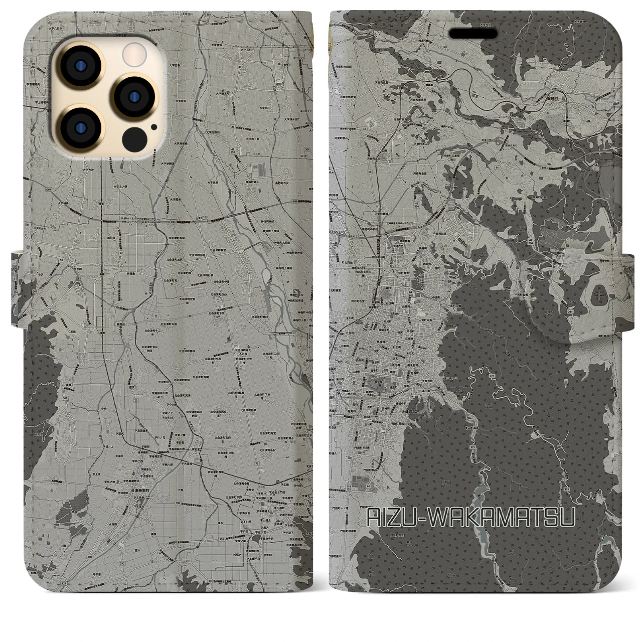 【会津若松(福島県)】地図柄iPhoneケース(手帳タイプ)モノトーン・iPhone 12 Pro Max 用