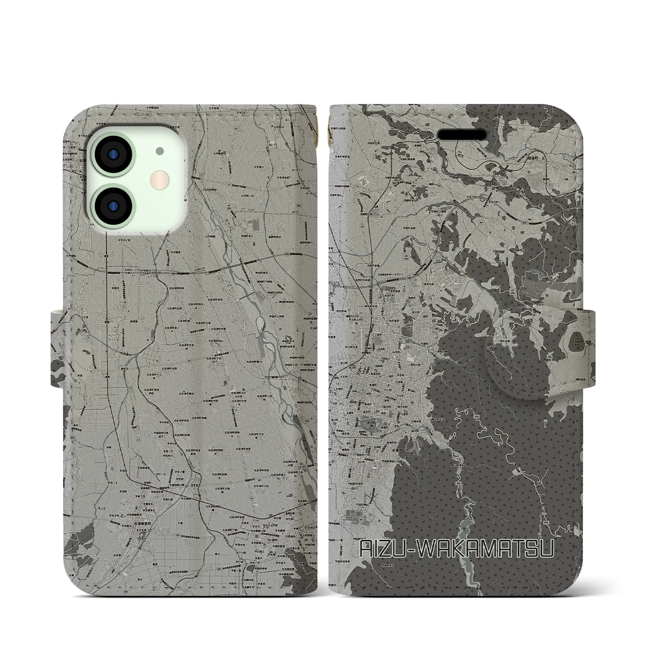 【会津若松(福島県)】地図柄iPhoneケース(手帳タイプ)モノトーン・iPhone 12 mini 用