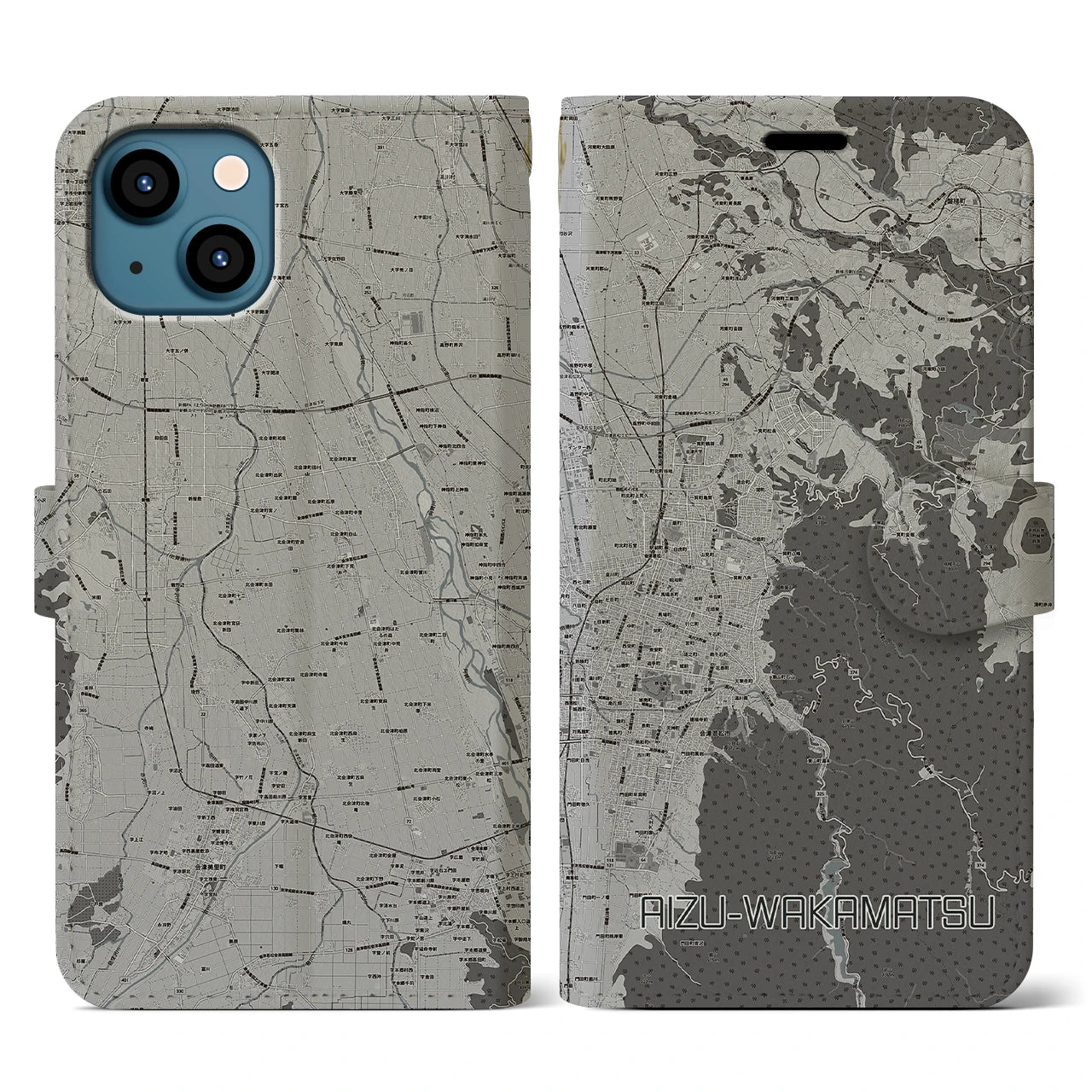 【会津若松(福島県)】地図柄iPhoneケース(手帳タイプ)モノトーン・iPhone 13 用