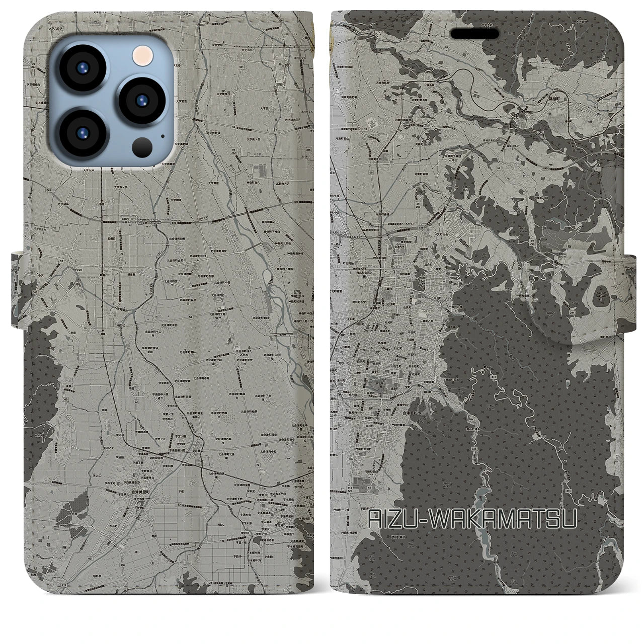【会津若松(福島県)】地図柄iPhoneケース(手帳タイプ)モノトーン・iPhone 13 Pro Max 用