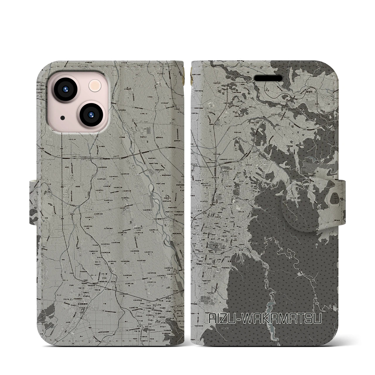 【会津若松(福島県)】地図柄iPhoneケース(手帳タイプ)モノトーン・iPhone 13 mini 用