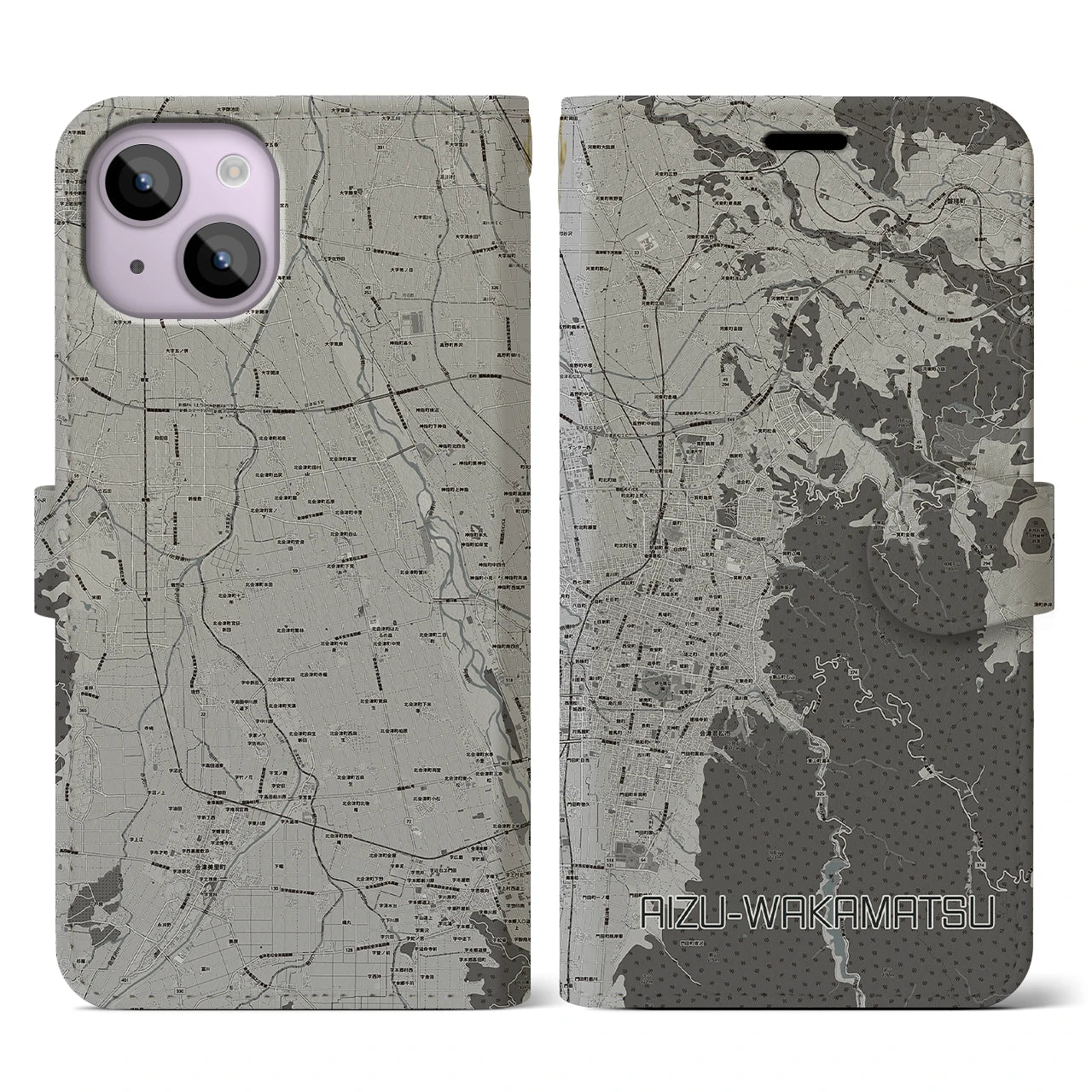 【会津若松(福島県)】地図柄iPhoneケース(手帳タイプ)モノトーン・iPhone 14 用