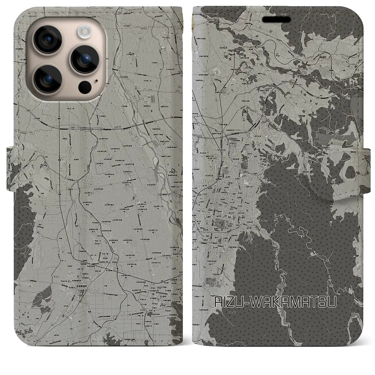 【会津若松(福島県)】地図柄iPhoneケース(手帳タイプ)モノトーン・iPhone 16 Plus 用