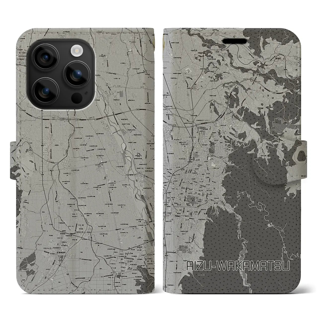 【会津若松(福島県)】地図柄iPhoneケース(手帳タイプ)モノトーン・iPhone 16 用