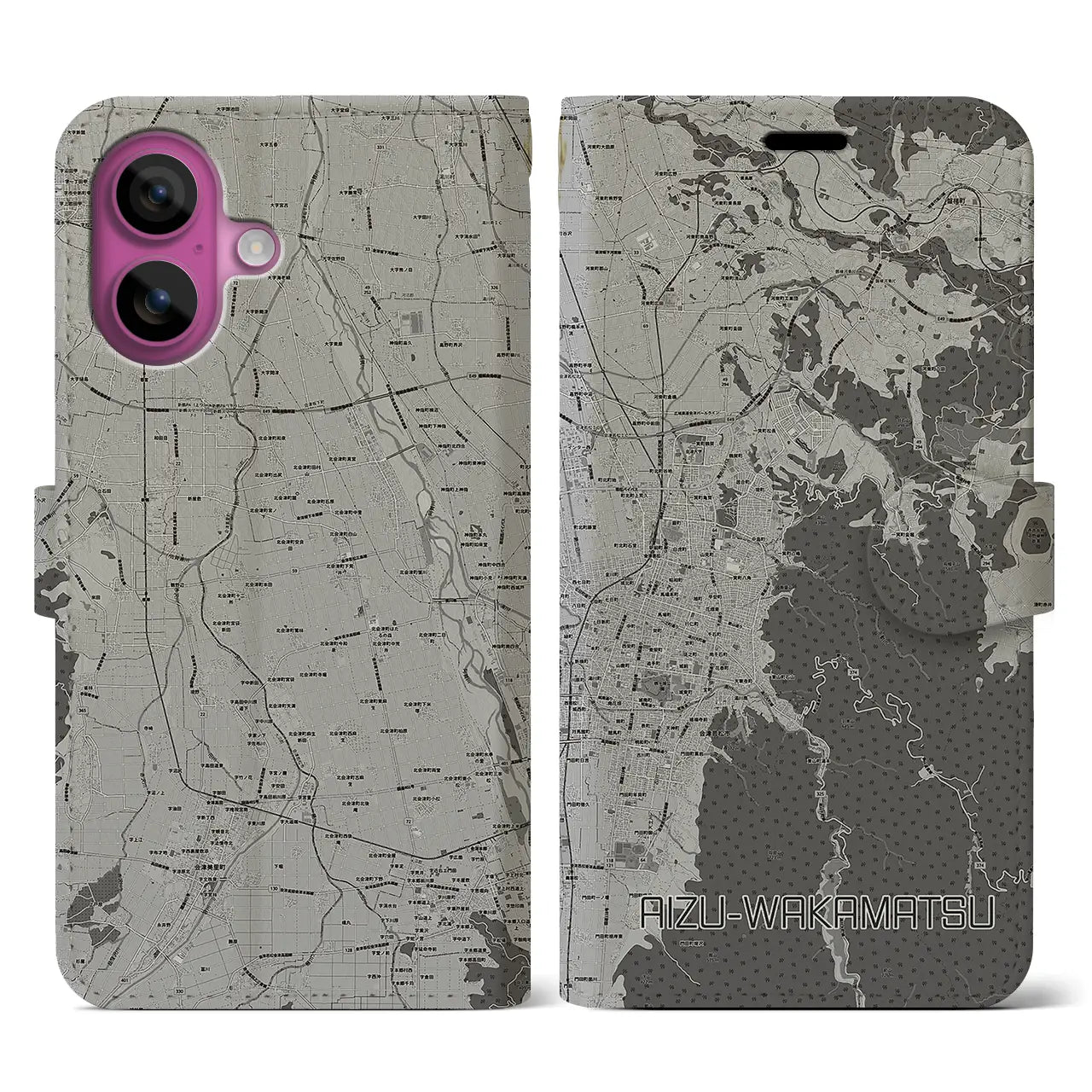 【会津若松(福島県)】地図柄iPhoneケース(手帳タイプ)モノトーン・iPhone 16 Pro 用