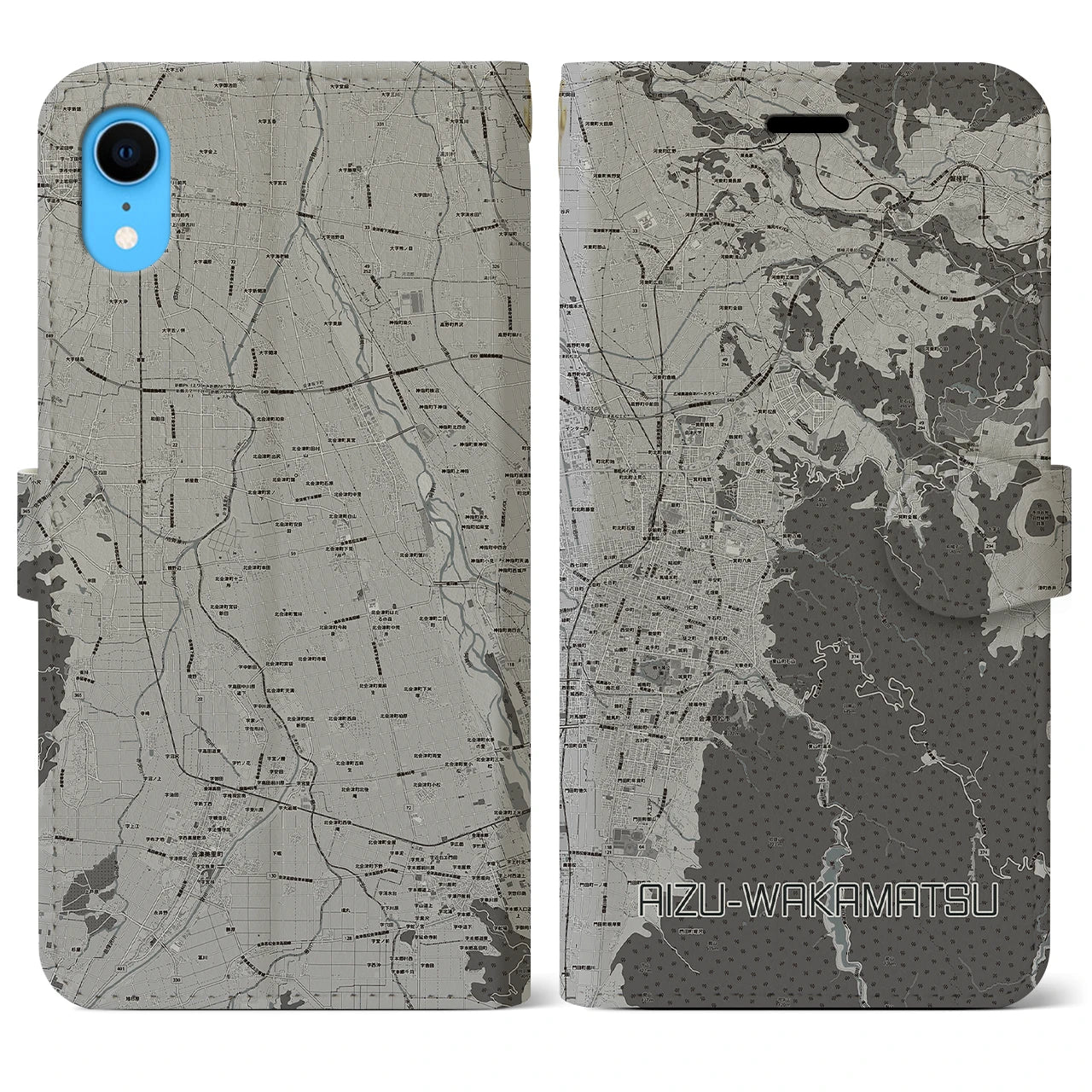 【会津若松(福島県)】地図柄iPhoneケース(手帳タイプ)モノトーン・iPhone XR 用