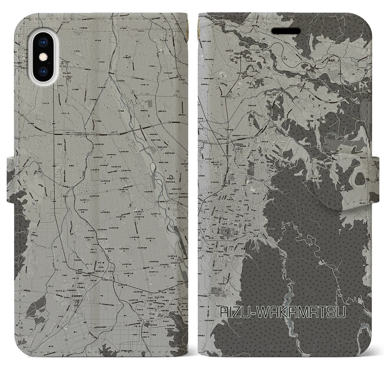 【会津若松(福島県)】地図柄iPhoneケース(手帳タイプ)モノトーン・iPhone XS Max 用