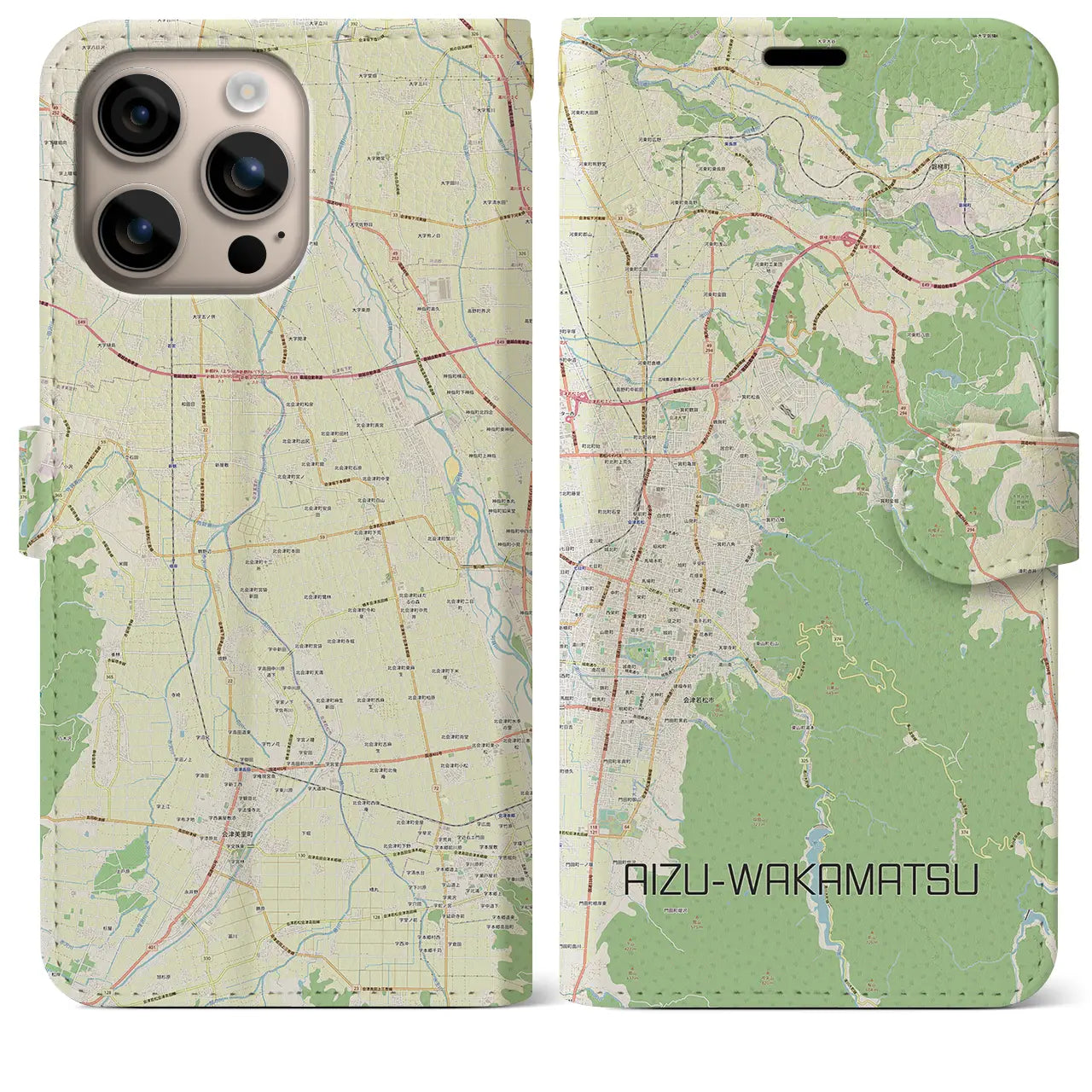 【会津若松(福島県)】地図柄iPhoneケース(手帳タイプ)ナチュラル・iPhone 16 Plus 用