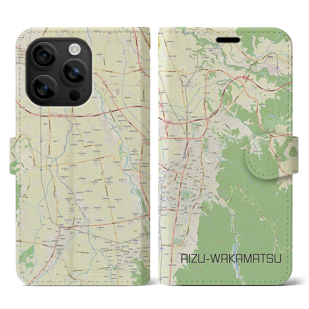 【会津若松(福島県)】地図柄iPhoneケース(手帳タイプ)ナチュラル・iPhone 16 用