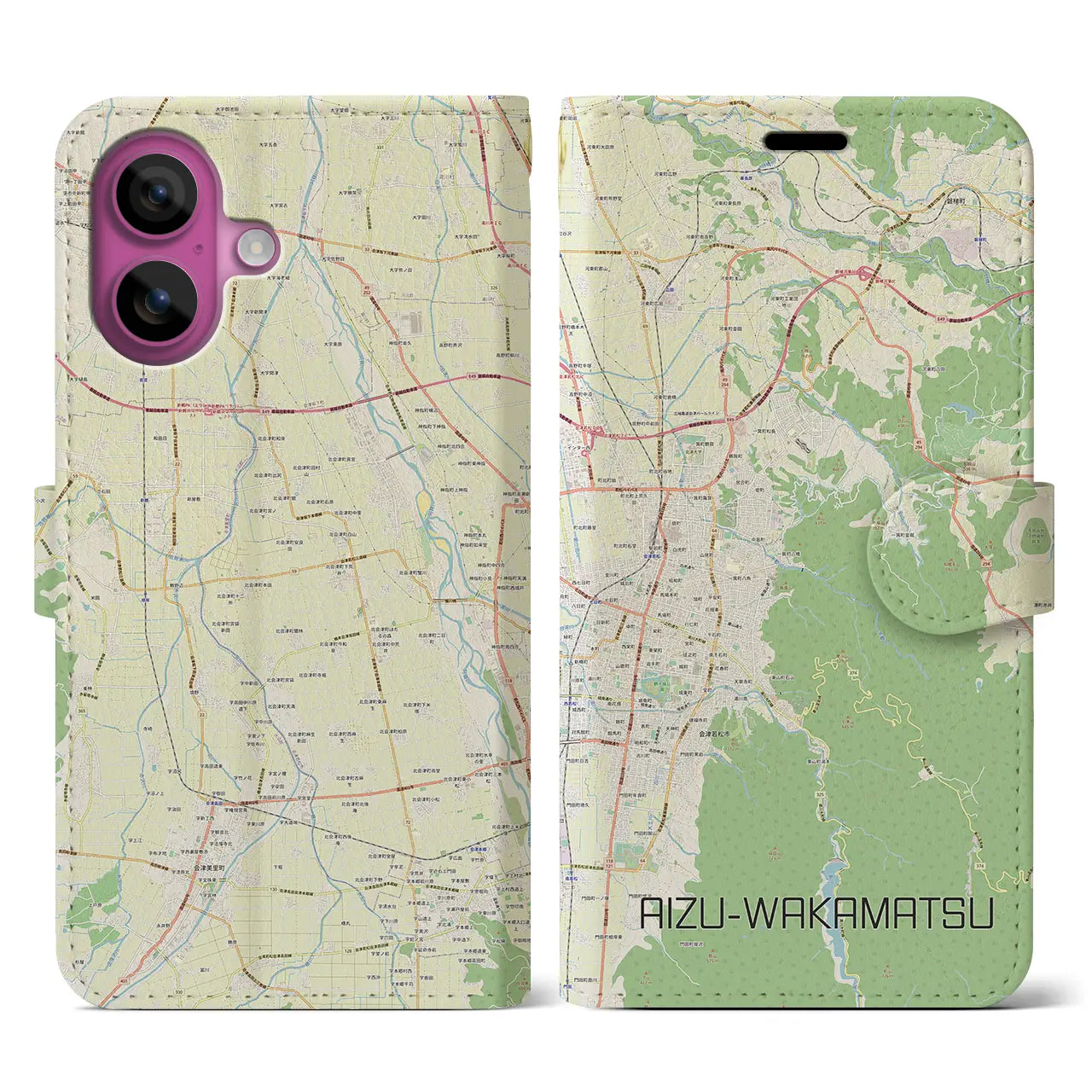 【会津若松(福島県)】地図柄iPhoneケース(手帳タイプ)ナチュラル・iPhone 16 Pro 用