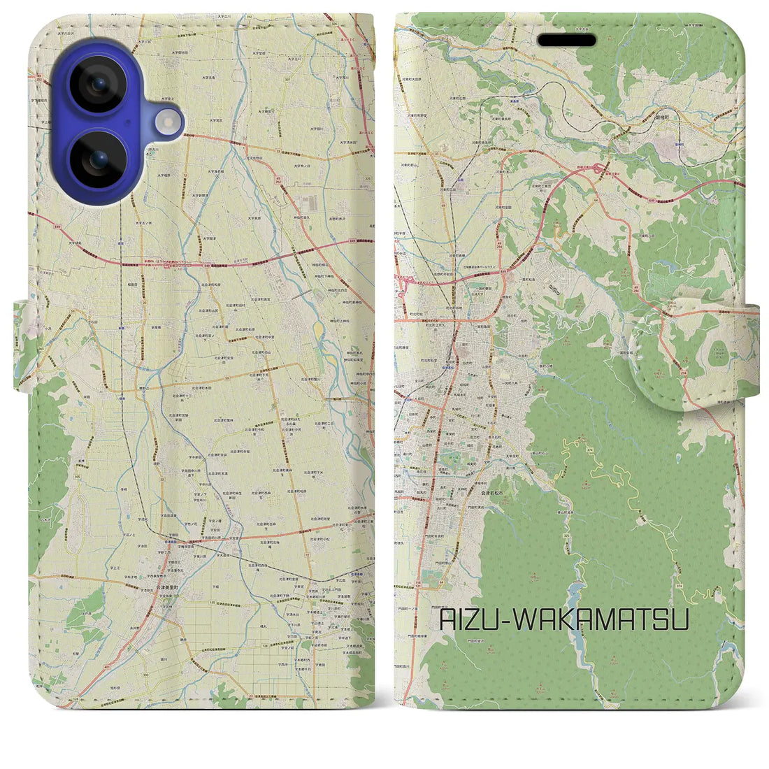 【会津若松(福島県)】地図柄iPhoneケース(手帳タイプ)ナチュラル・iPhone 16 Pro Max 用