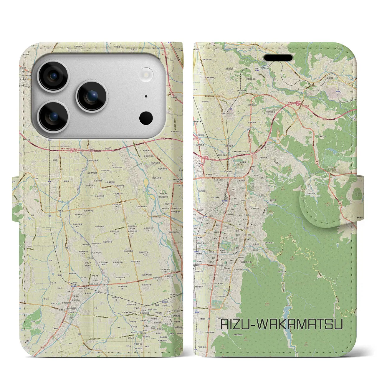 【会津若松(福島県)】地図柄iPhoneケース(手帳タイプ)ナチュラル・iPhone 17 Pro Max 用