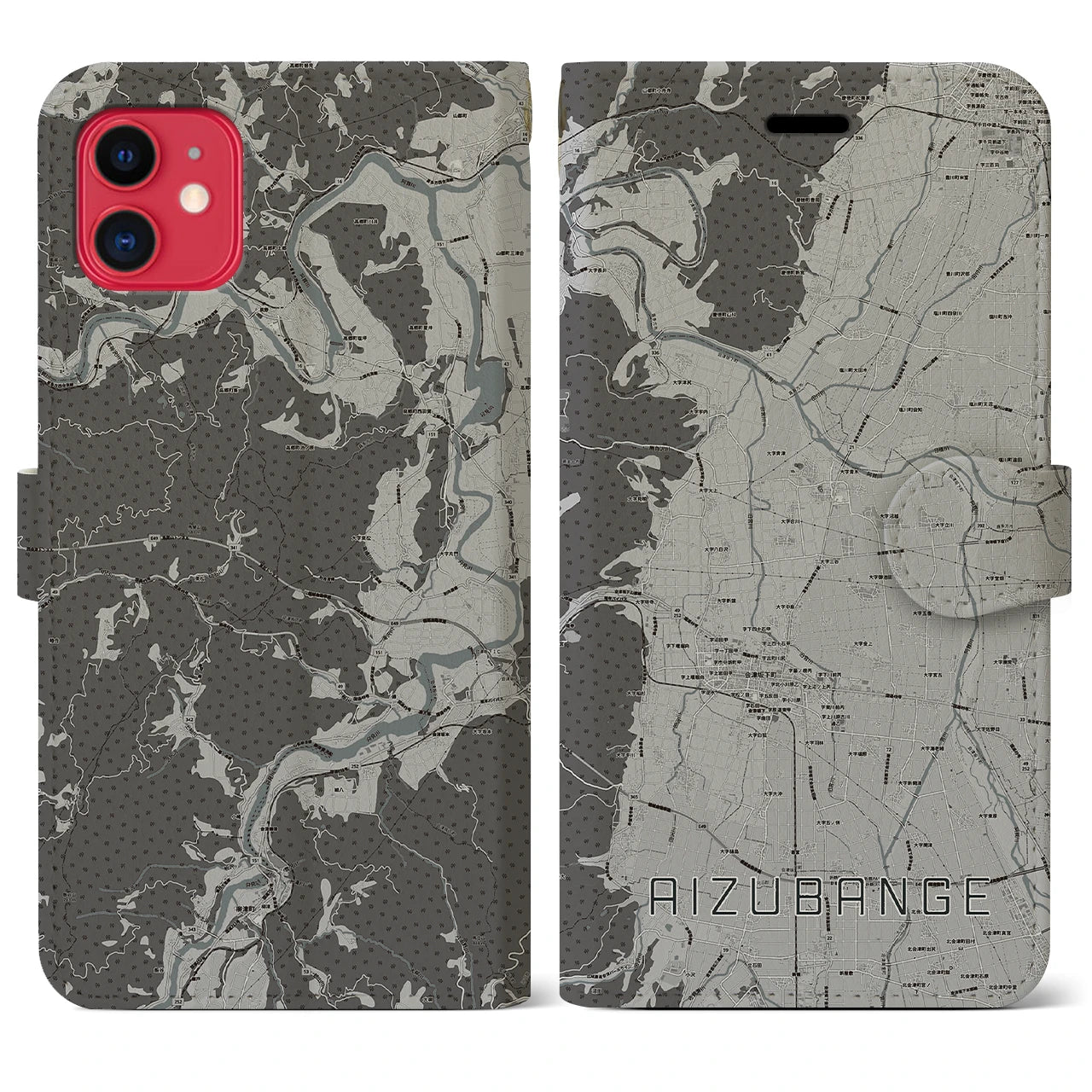【会津坂下(福島県)】地図柄iPhoneケース(手帳タイプ)モノトーン・iPhone 11 用