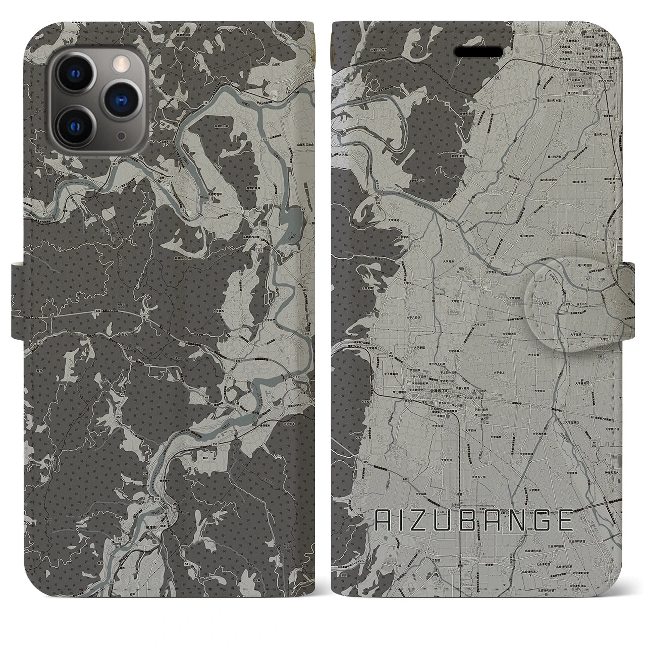 【会津坂下(福島県)】地図柄iPhoneケース(手帳タイプ)モノトーン・iPhone 11 Pro Max 用