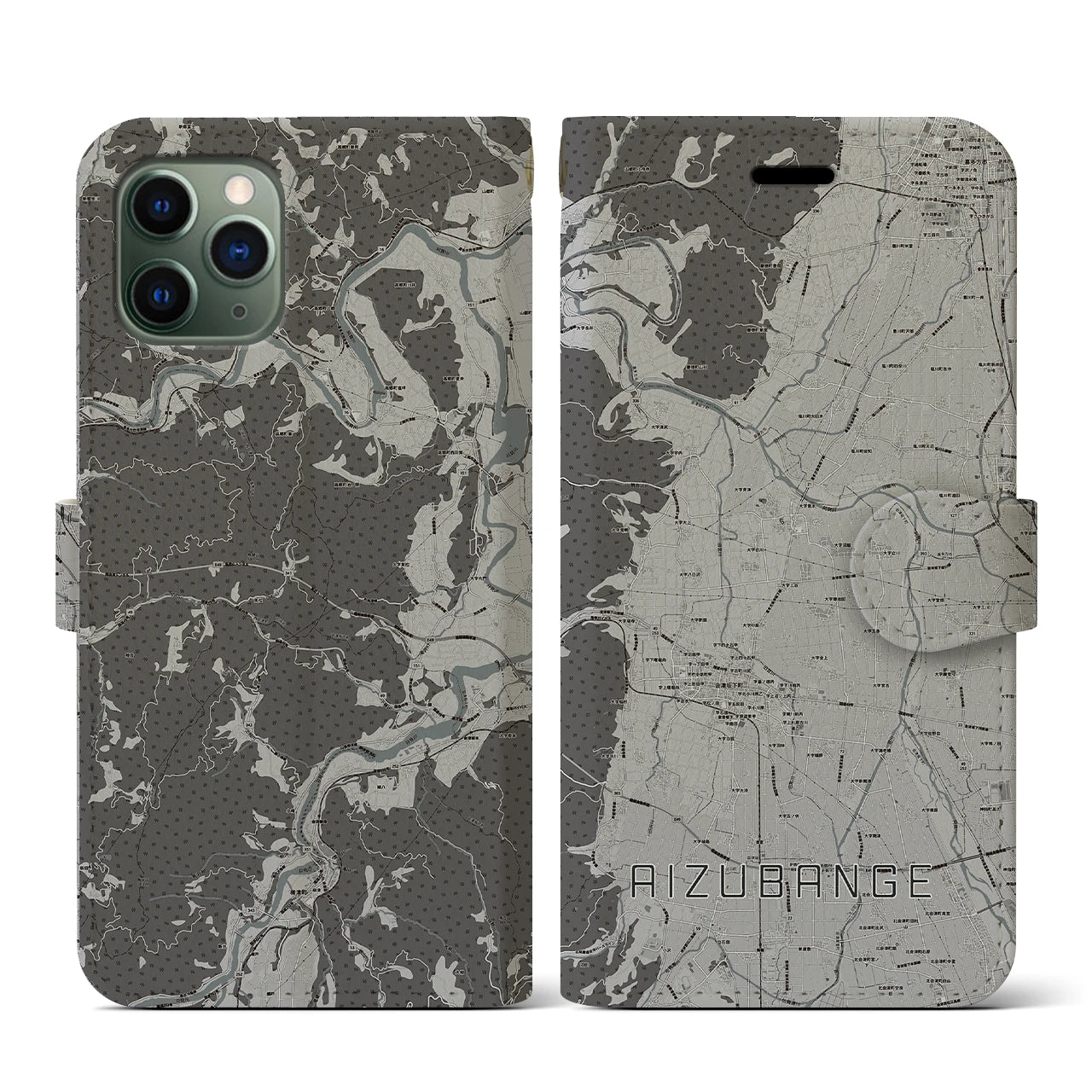【会津坂下(福島県)】地図柄iPhoneケース(手帳タイプ)モノトーン・iPhone 11 Pro 用