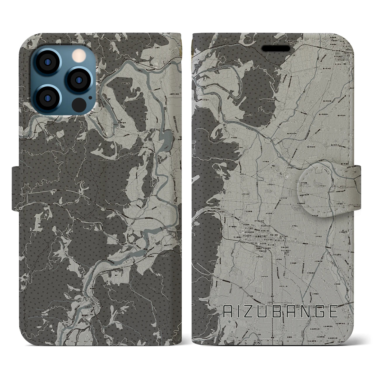 【会津坂下(福島県)】地図柄iPhoneケース(手帳タイプ)モノトーン・iPhone 12 / 12 Pro 用