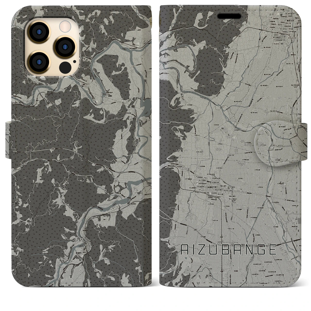 【会津坂下(福島県)】地図柄iPhoneケース(手帳タイプ)モノトーン・iPhone 12 Pro Max 用
