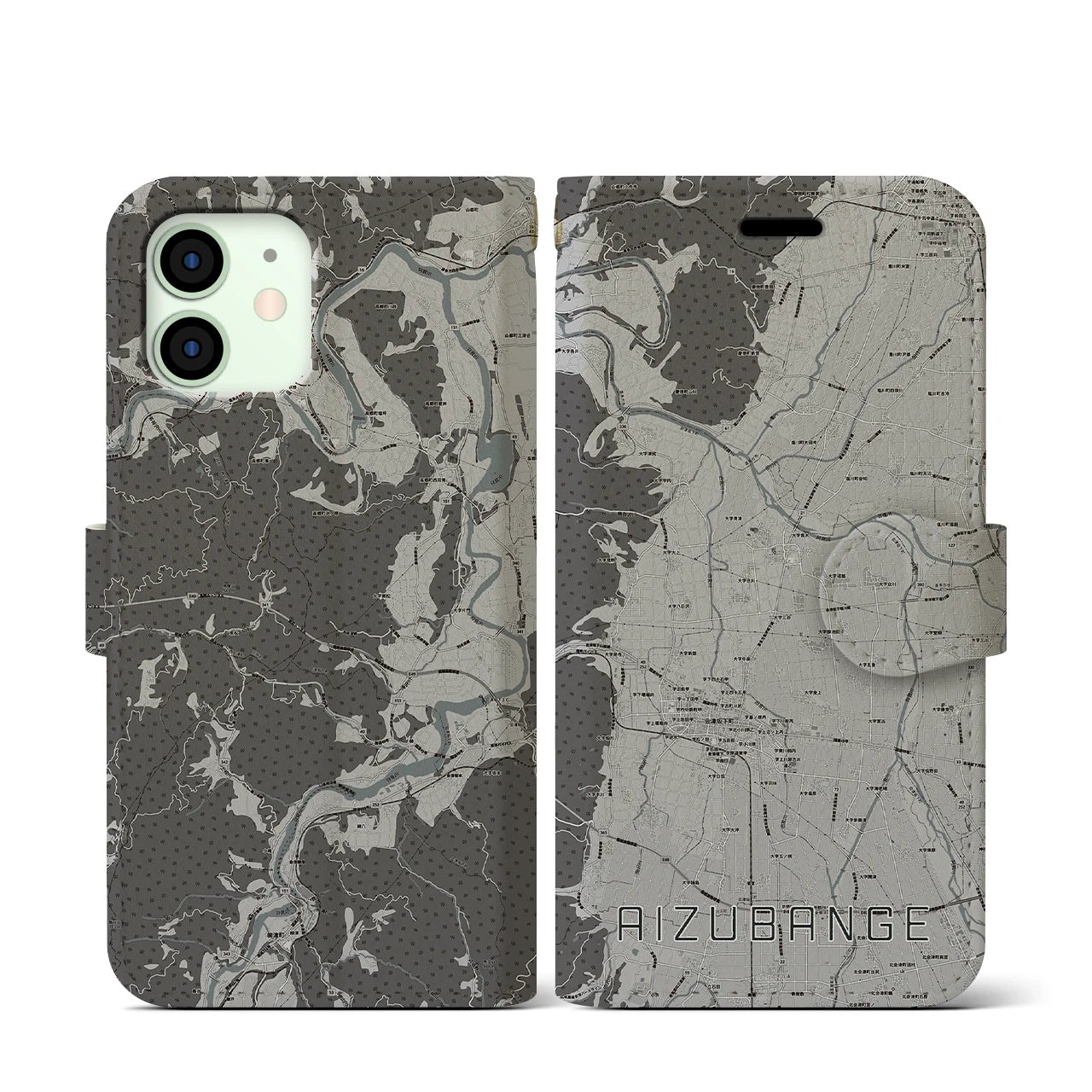 【会津坂下(福島県)】地図柄iPhoneケース(手帳タイプ)モノトーン・iPhone 12 mini 用