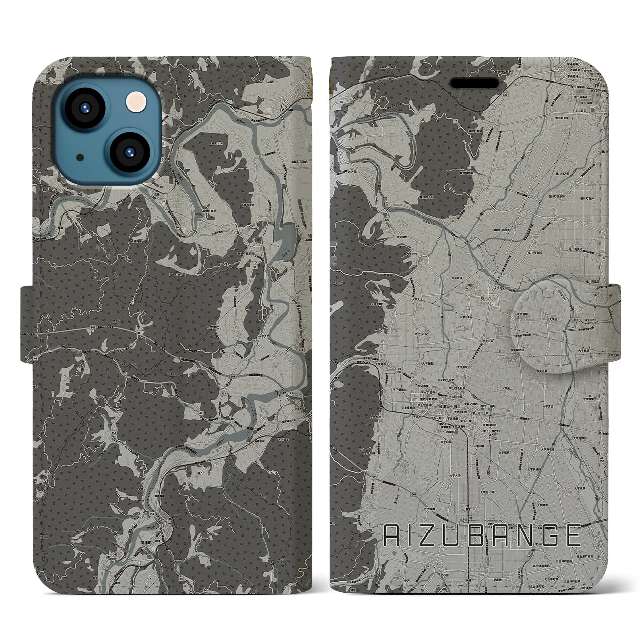【会津坂下(福島県)】地図柄iPhoneケース(手帳タイプ)モノトーン・iPhone 13 用