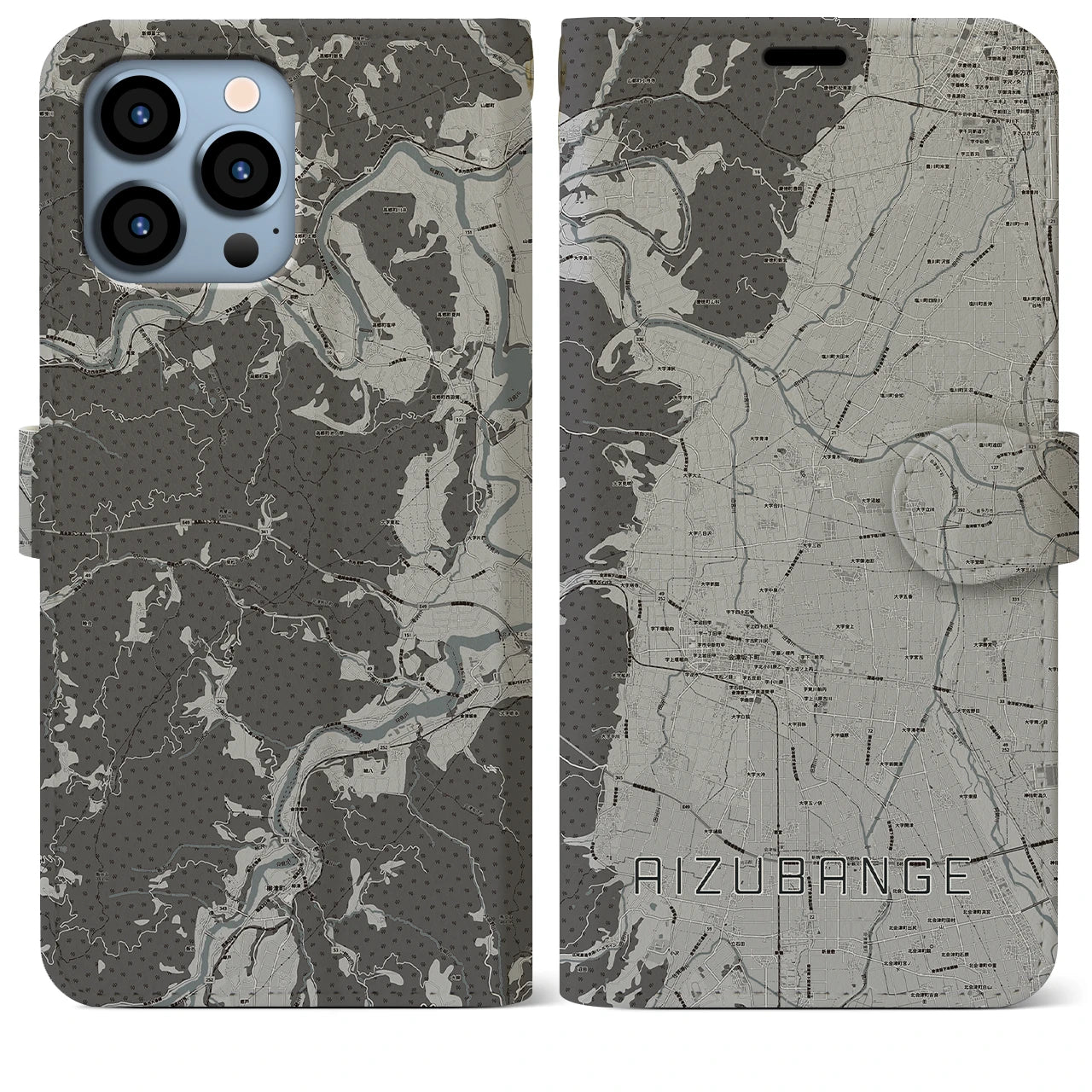 【会津坂下(福島県)】地図柄iPhoneケース(手帳タイプ)モノトーン・iPhone 13 Pro Max 用
