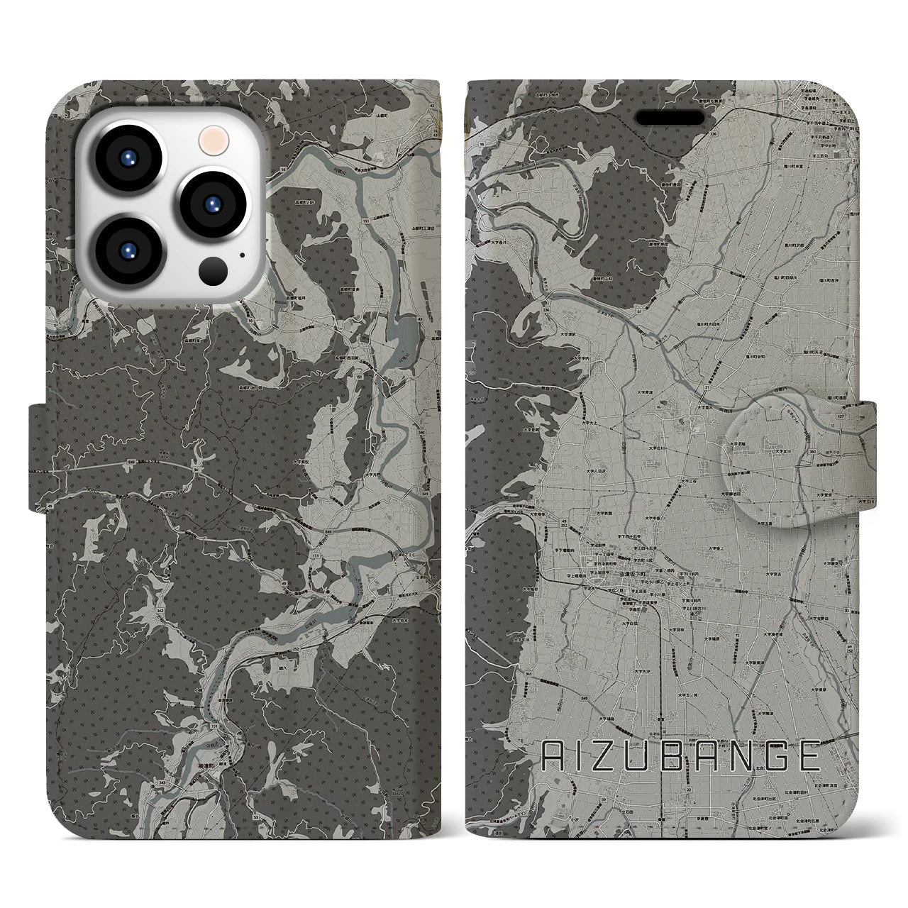 【会津坂下(福島県)】地図柄iPhoneケース(手帳タイプ)モノトーン・iPhone 13 Pro 用