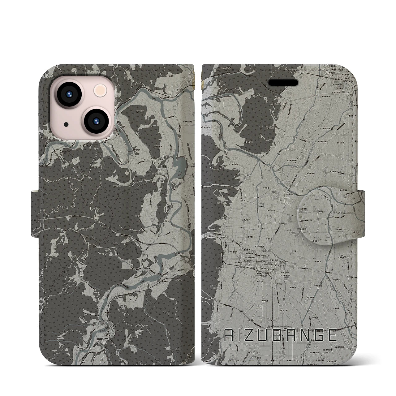 【会津坂下(福島県)】地図柄iPhoneケース(手帳タイプ)モノトーン・iPhone 13 mini 用