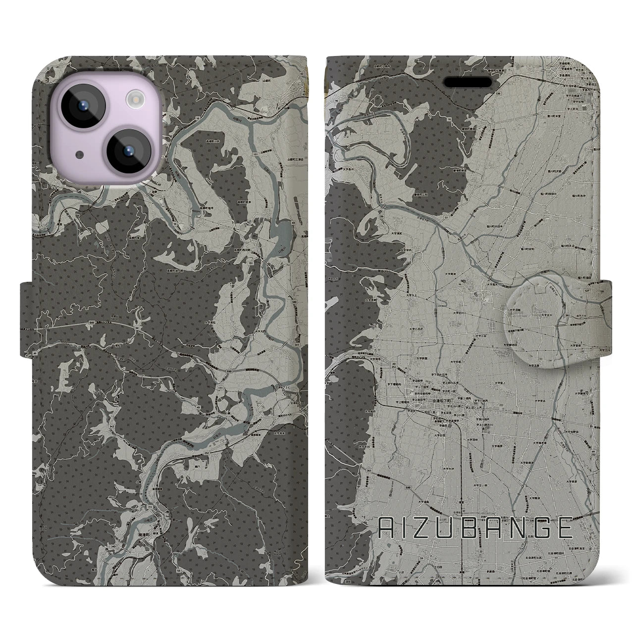 【会津坂下(福島県)】地図柄iPhoneケース(手帳タイプ)モノトーン・iPhone 14 用