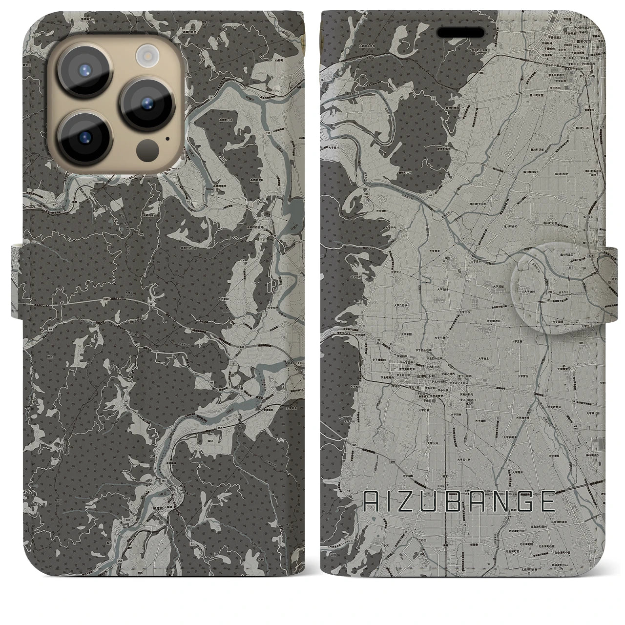 【会津坂下(福島県)】地図柄iPhoneケース(手帳タイプ)モノトーン・iPhone 14 Pro Max 用