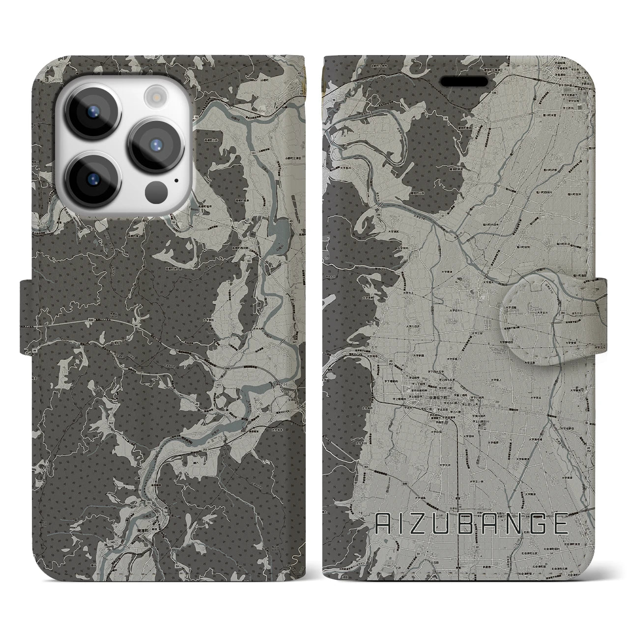 【会津坂下(福島県)】地図柄iPhoneケース(手帳タイプ)モノトーン・iPhone 14 Pro 用
