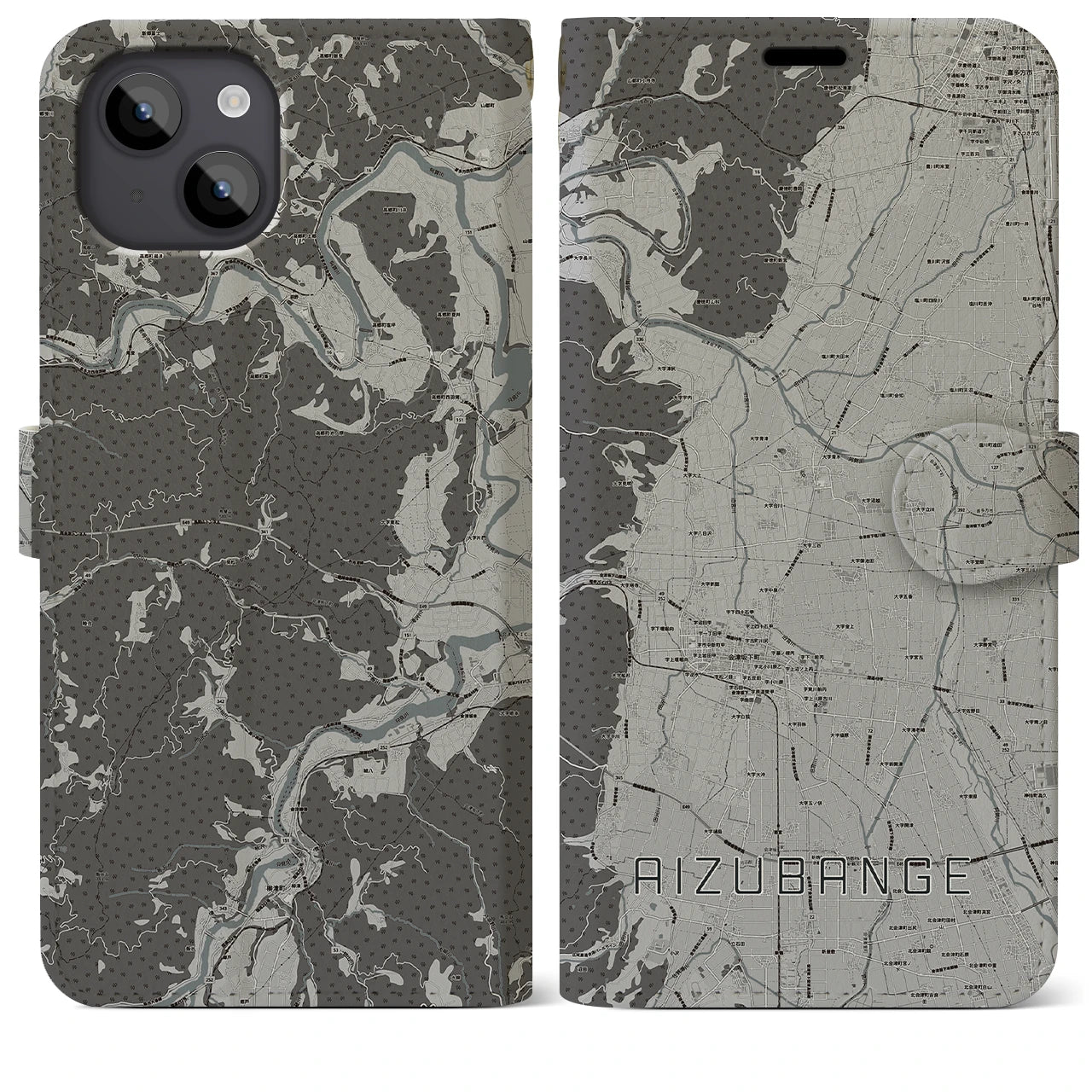 【会津坂下(福島県)】地図柄iPhoneケース(手帳タイプ)モノトーン・iPhone 14 Plus 用