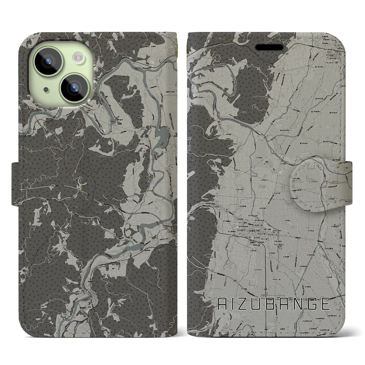 【会津坂下(福島県)】地図柄iPhoneケース(手帳タイプ)モノトーン・iPhone 15 用